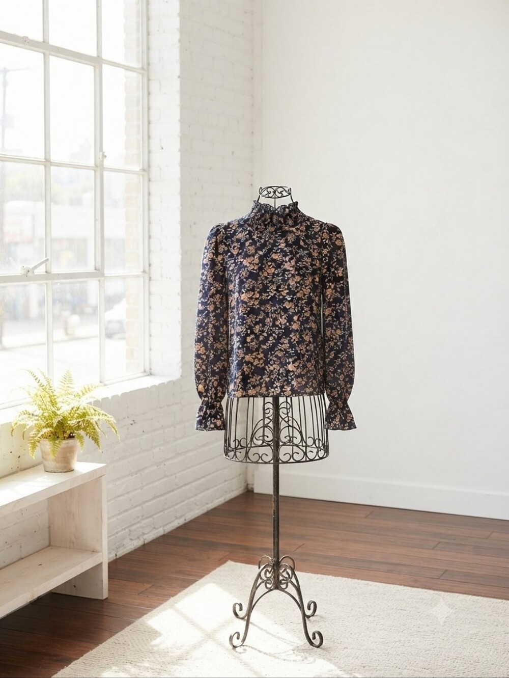 SHEIN Navy Blush Floral Ruffle-Neck Blouse